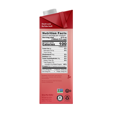 Red juice box with nutrition facts label on a white background