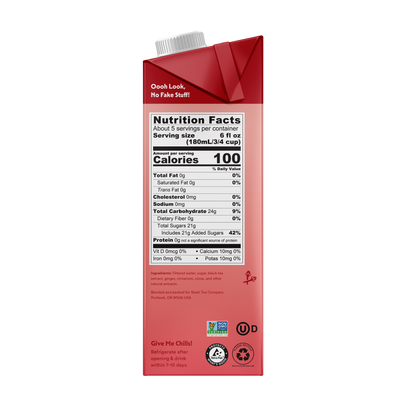 Red juice box with nutrition facts label on a white background