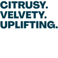 Text 'CITRUSY. VELVETY. UPLIFTING.' in blue on a black background