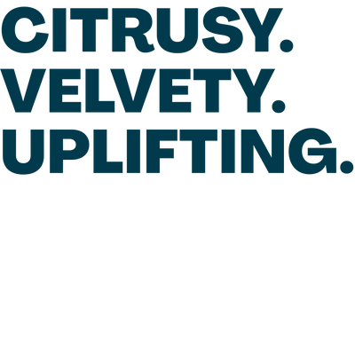 Text 'CITRUSY. VELVETY. UPLIFTING.' in blue on a black background