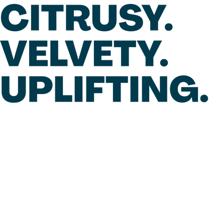 Text 'CITRUSY. VELVETY. UPLIFTING.' in blue on a black background