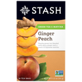 Stash Ginger Peach green tea and matcha packaging with ginger, peach, and matcha elements.