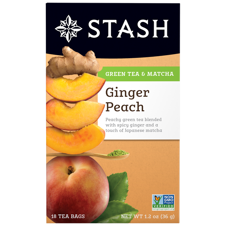 Stash Ginger Peach green tea and matcha packaging with ginger, peach, and matcha elements.