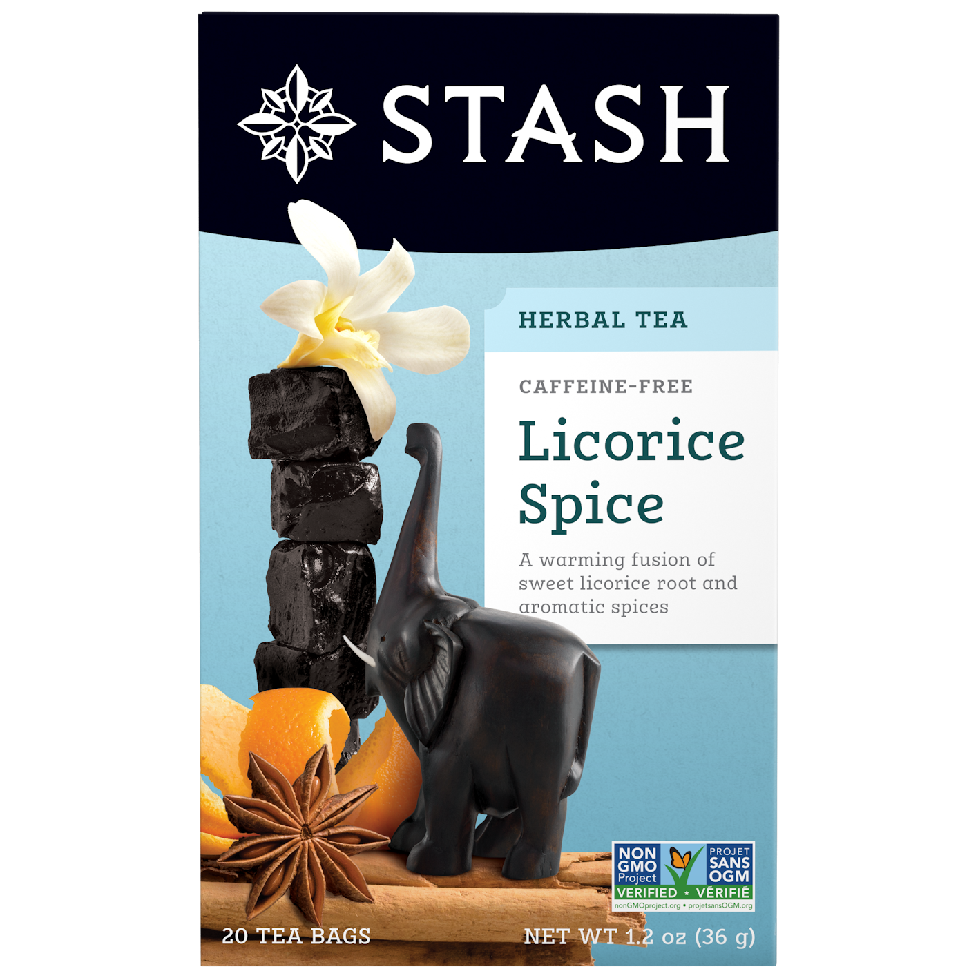 Stash Licorice Spice herbal tea package with licorice root, star anise, and orange on a blue background