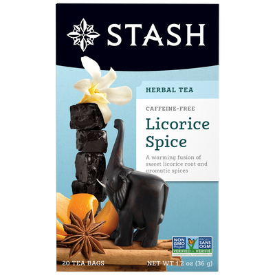 Stash Licorice Spice herbal tea package with licorice root, star anise, and orange on a blue background