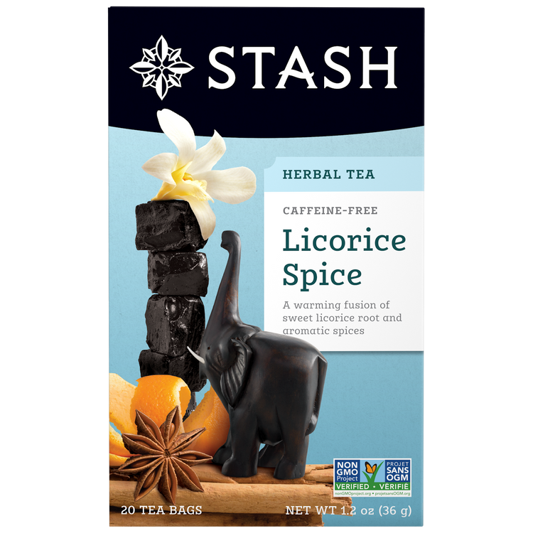 Stash Licorice Spice herbal tea package with licorice root, star anise, and orange on a blue background