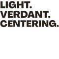 Text 'LIGHT. VERDANT. CENTERING.' on a black background