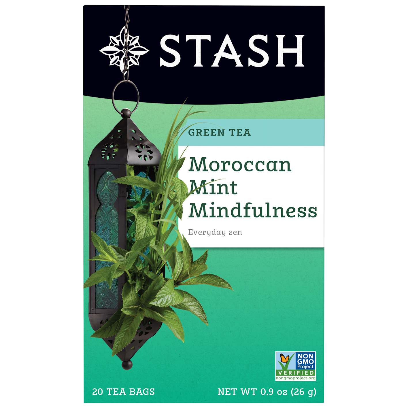 Stash Green Tea Moroccan Mint Mindfulness packaging with tea leaves and lantern design.