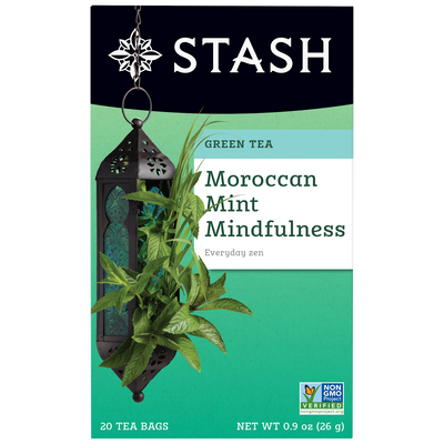 Stash Green Tea Moroccan Mint Mindfulness packaging with tea leaves and lantern design.