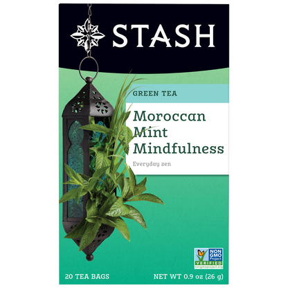Stash Green Tea Moroccan Mint Mindfulness packaging with tea leaves and lantern design.