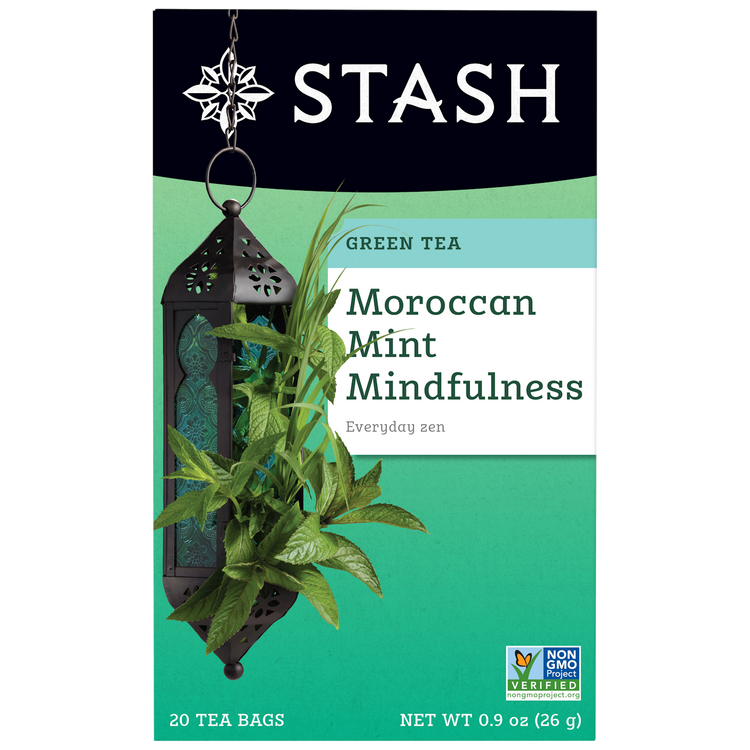 Stash Green Tea Moroccan Mint Mindfulness packaging with tea leaves and lantern design.