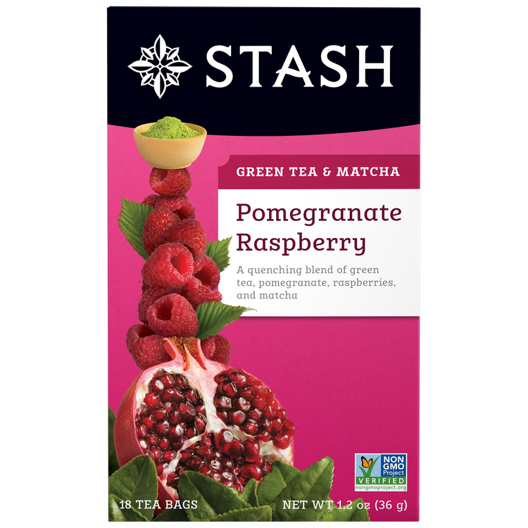 Stash Green Tea & Matcha Pomegranate Raspberry tea package on a white background