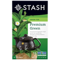 Stash Green Tea packaging with a black teapot and green leaves on a white background