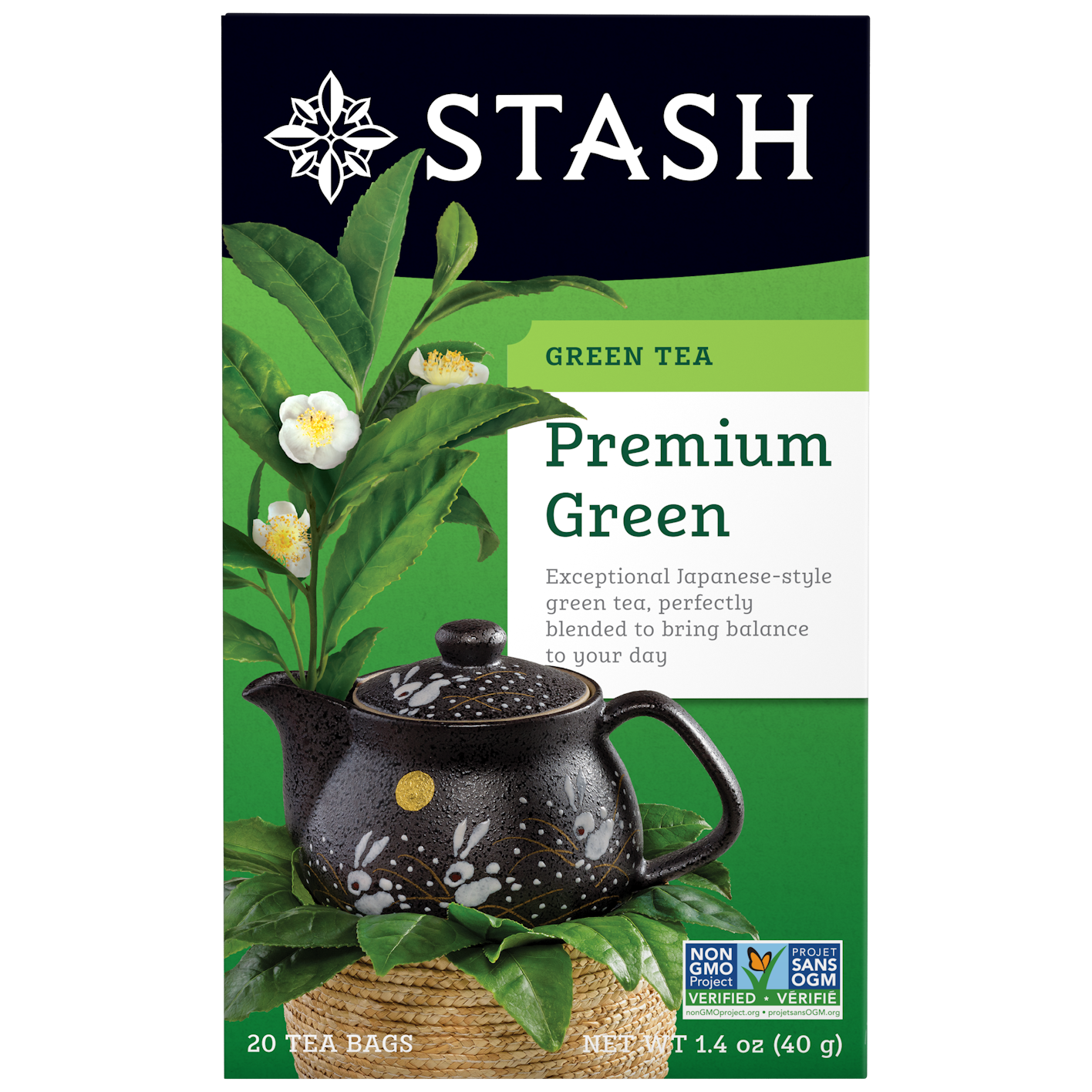 Stash Green Tea packaging with a black teapot and green leaves on a white background