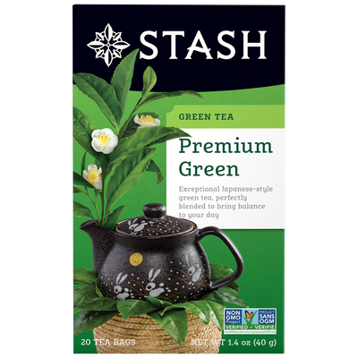 Stash Green Tea packaging with a black teapot and green leaves on a white background
