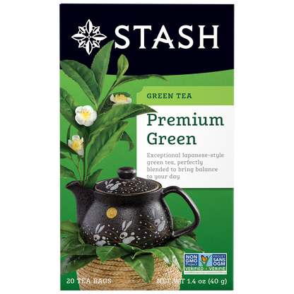 Stash Green Tea packaging with a black teapot and green leaves on a white background