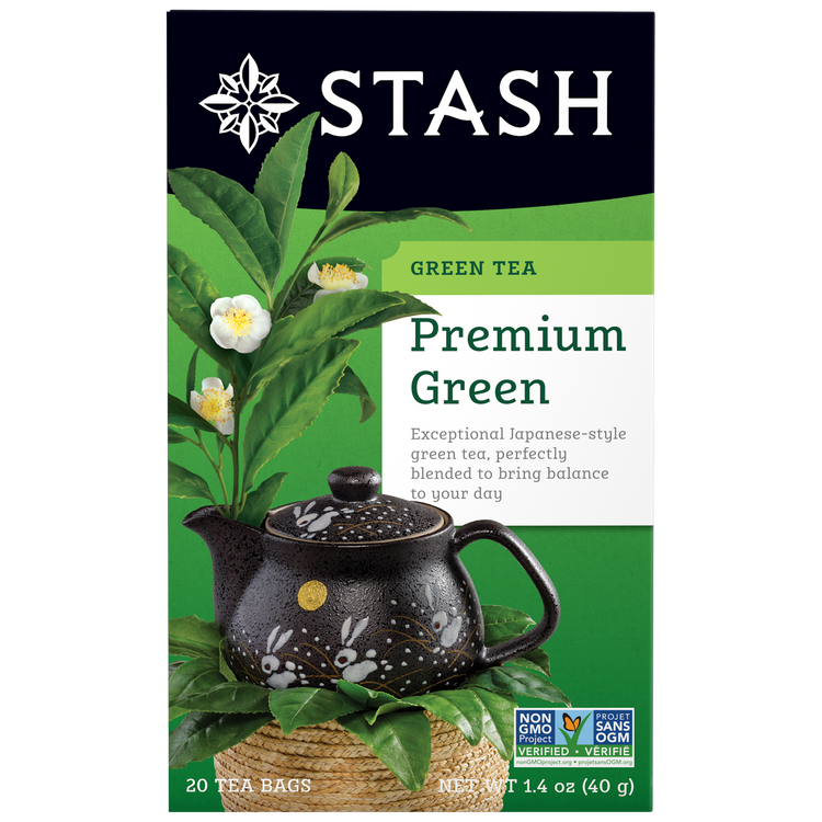 Stash Green Tea packaging with a black teapot and green leaves on a white background