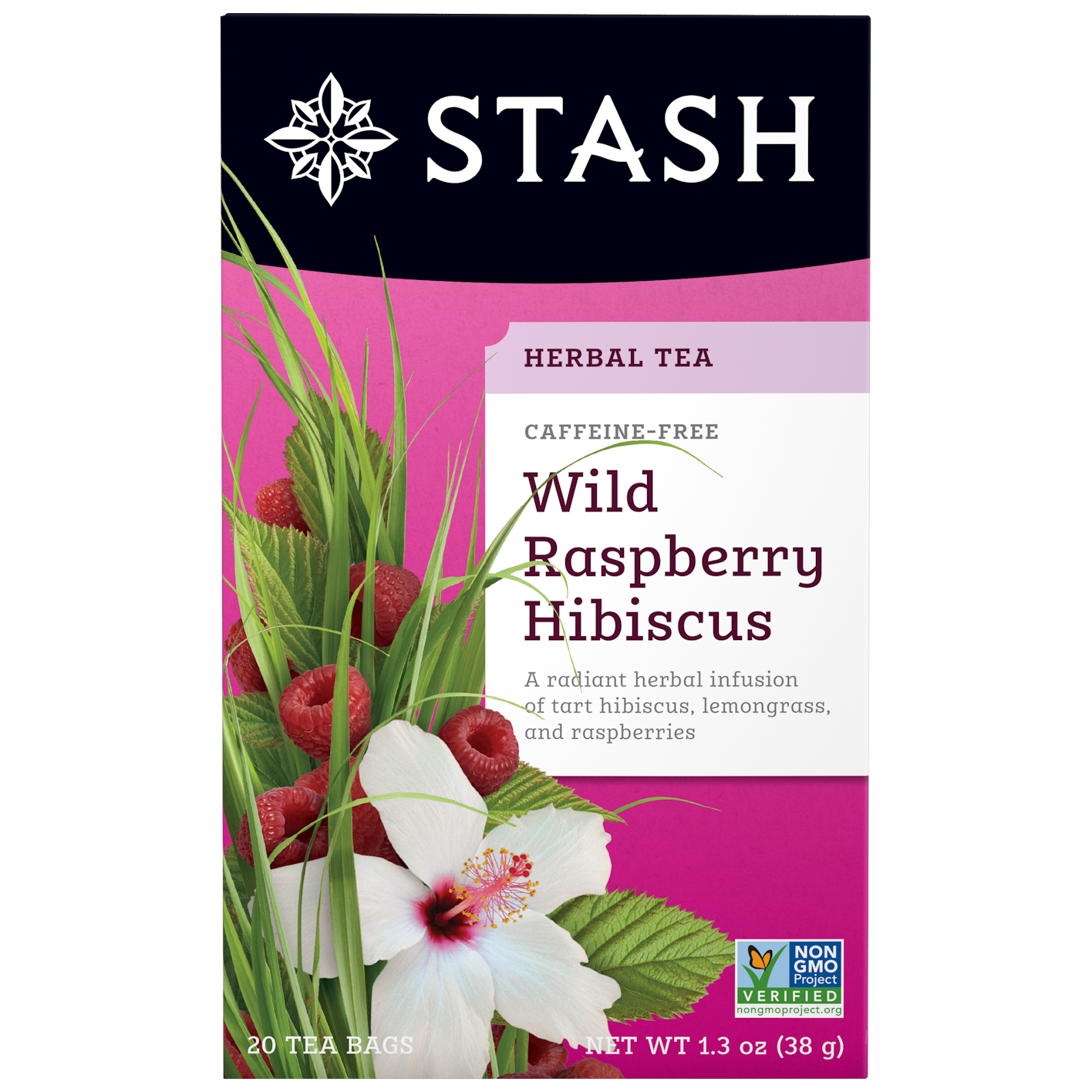 Stash Wild Raspberry Hibiscus herbal tea package with raspberry and hibiscus illustration.