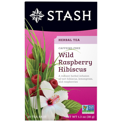 Stash Wild Raspberry Hibiscus herbal tea package with raspberry and hibiscus illustration.