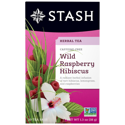 Stash Wild Raspberry Hibiscus herbal tea package with raspberry and hibiscus illustration.