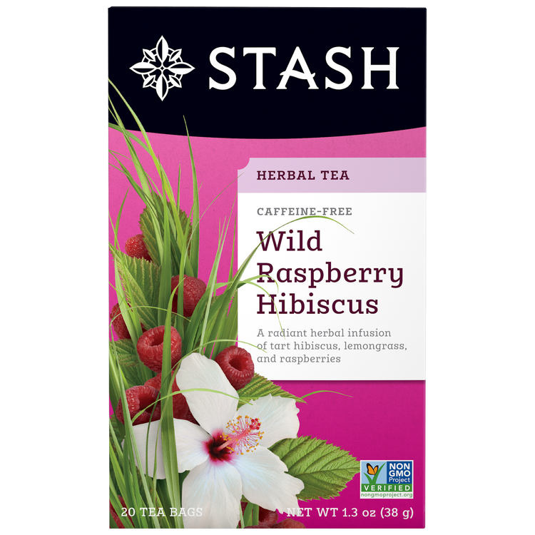 Stash Wild Raspberry Hibiscus herbal tea package with raspberry and hibiscus illustration.