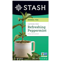 Stash Herbal Tea package for Refreshing Peppermint tea with a cup and peppermint leaves on a green background.