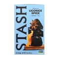 Stash Licorice Spice herbal tea box with licorice root, star anise, and cinnamon on a light blue background