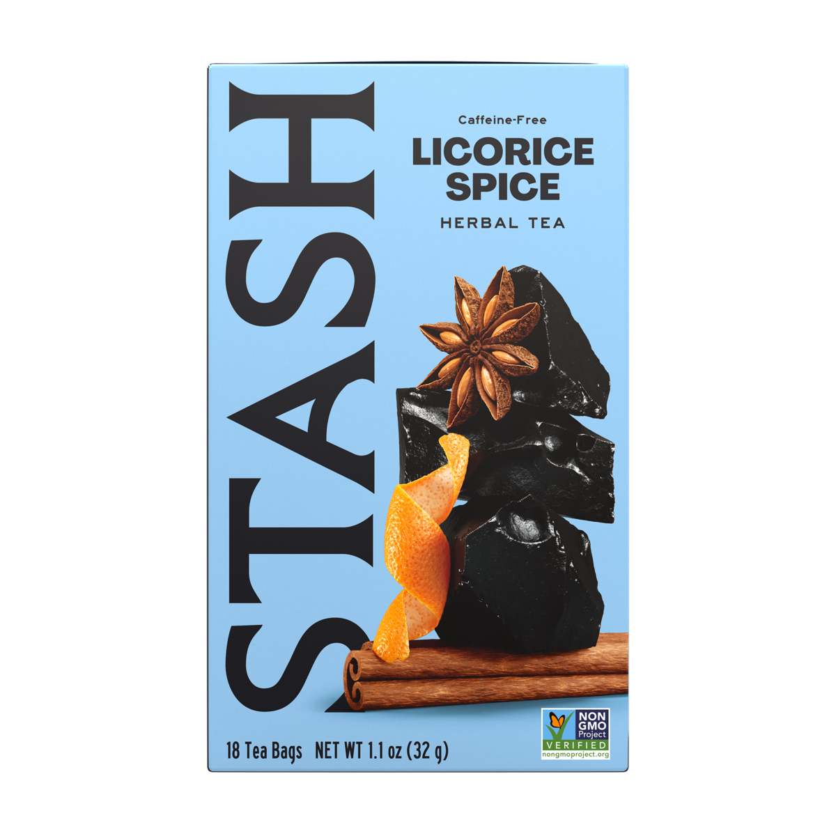 Stash Licorice Spice herbal tea box with licorice root, star anise, and cinnamon on a light blue background