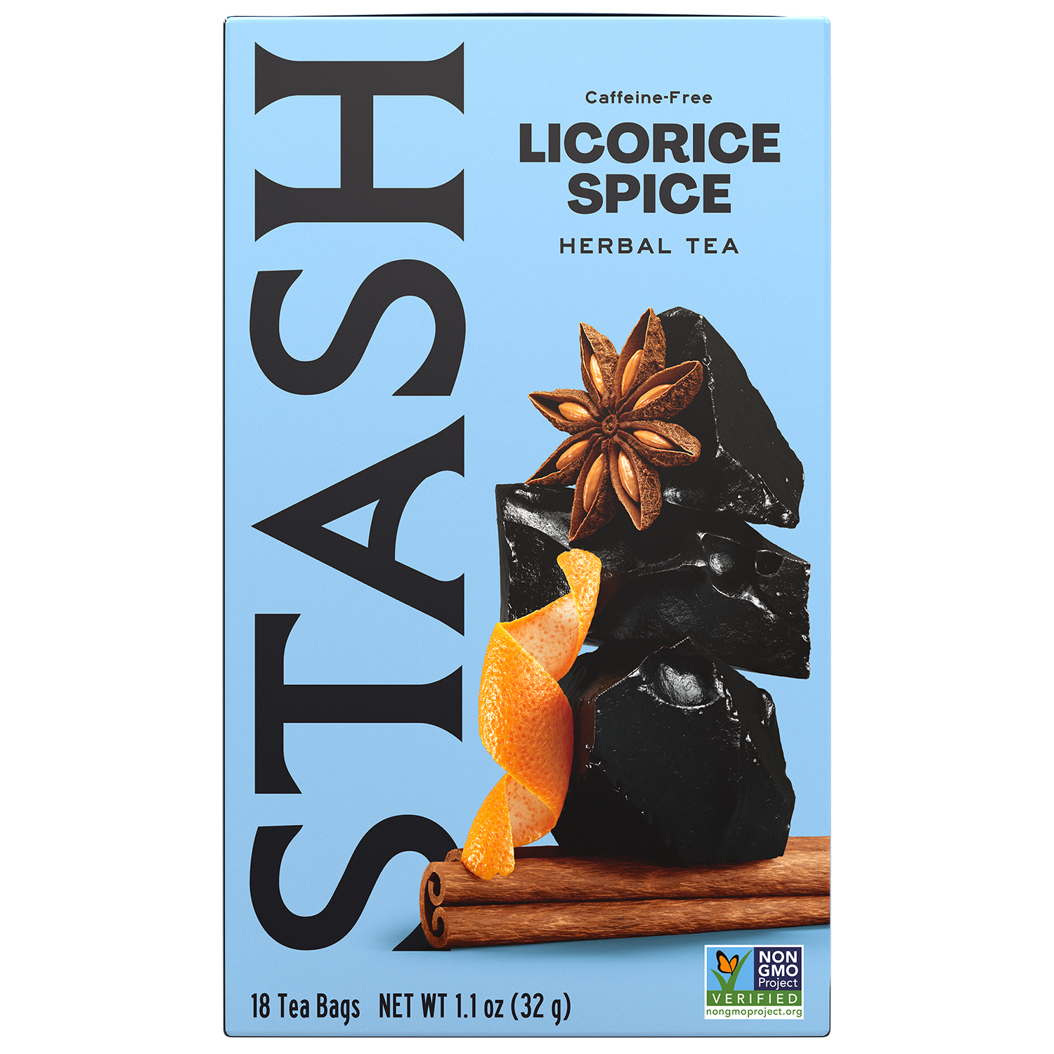 Stash Licorice Spice herbal tea box with licorice root, star anise, and cinnamon on a blue background