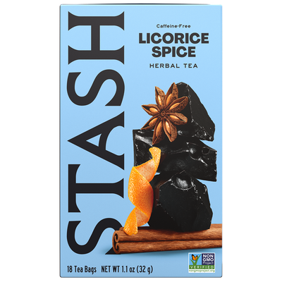 Stash Licorice Spice herbal tea box with licorice root, star anise, and cinnamon on a blue background