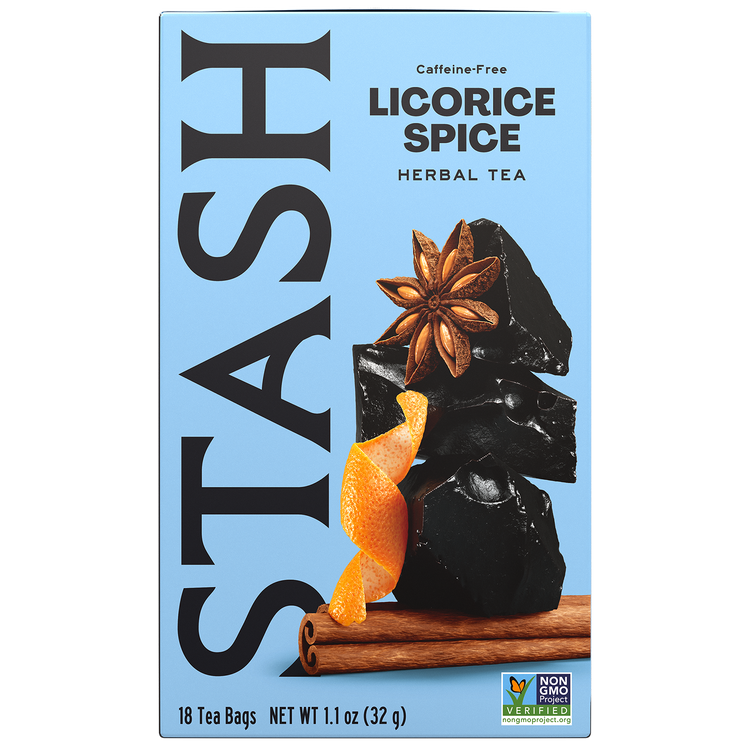 Stash Licorice Spice herbal tea box with licorice root, star anise, and cinnamon on a blue background