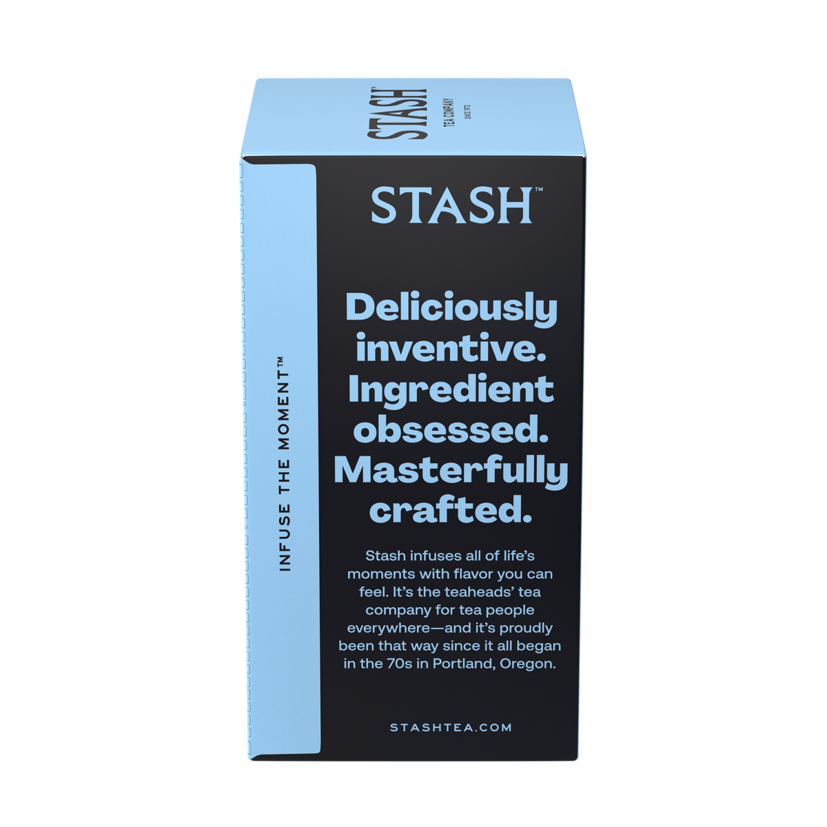 Stash tea box with blue and black design on a white background