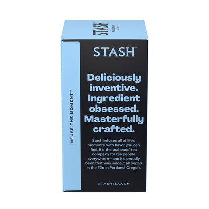 Stash tea box with blue and black design on a white background