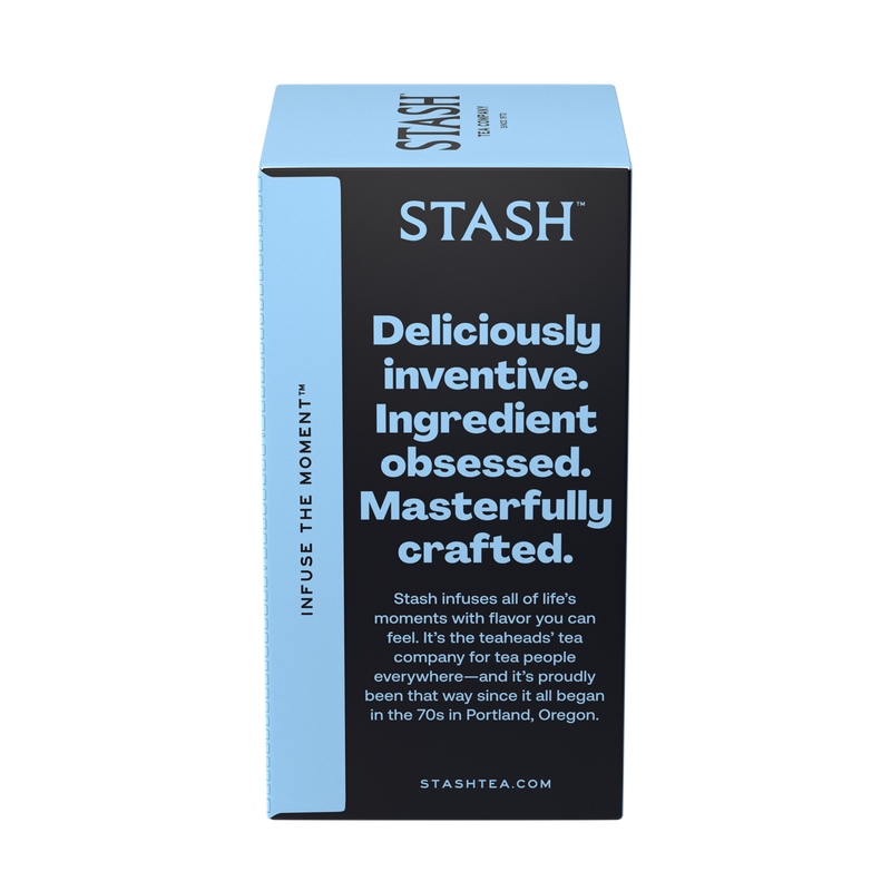 Stash tea box with blue and black design on a white background