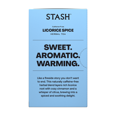 Stash Licorice Spice Herbal Tea package with blue background and black text.