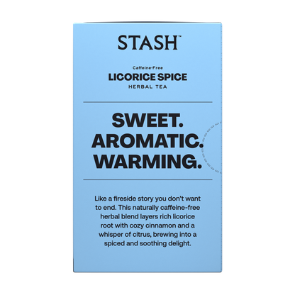 Stash Licorice Spice Herbal Tea package with blue background and black text.
