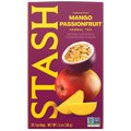 A box of Stash Caffe-Free Mango Passionfruit Herbal Tea. The packaging features a deep magenta background with large yellow 'STASH' branding, an illustration of a sliced passionfruit, a whole mango, and two mango slices.