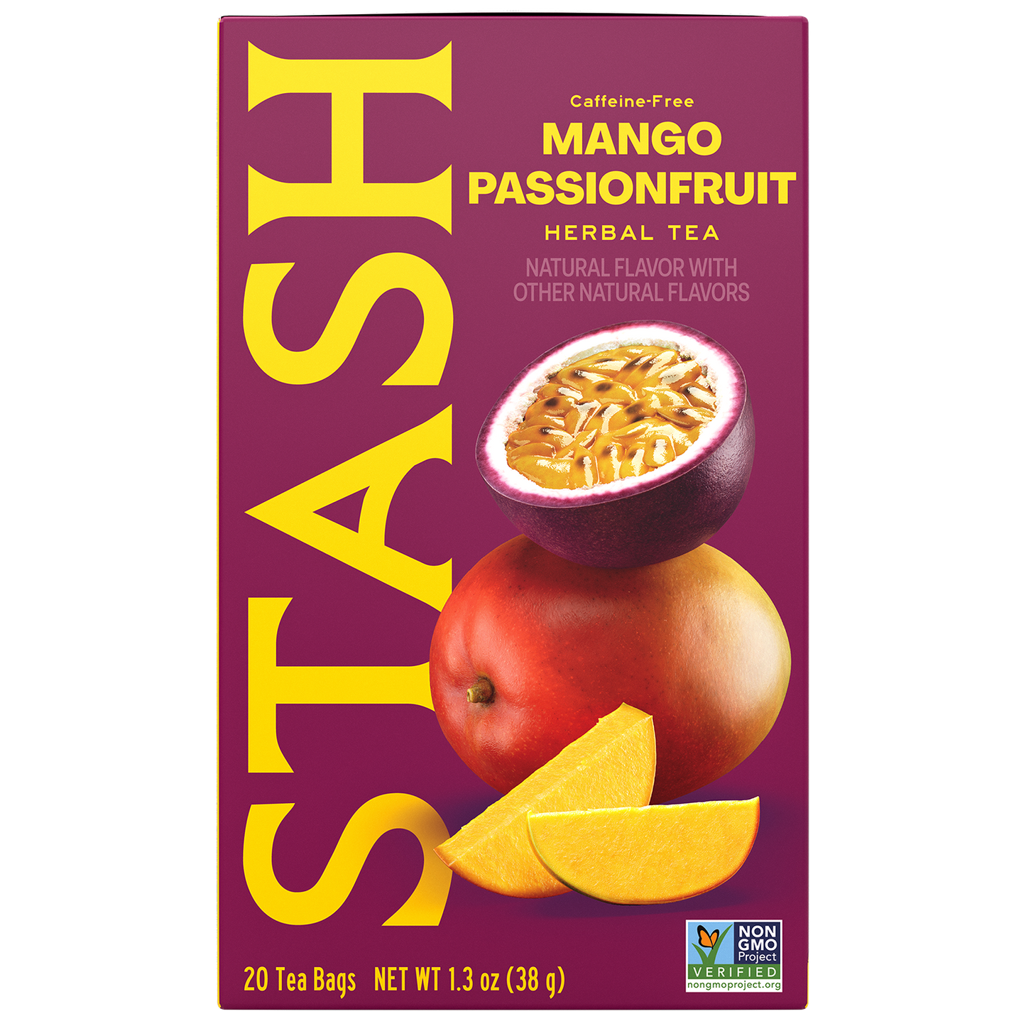 A box of Stash Caffe-Free Mango Passionfruit Herbal Tea. The packaging features a deep magenta background with large yellow 'STASH' branding, an illustration of a sliced passionfruit, a whole mango, and two mango slices.