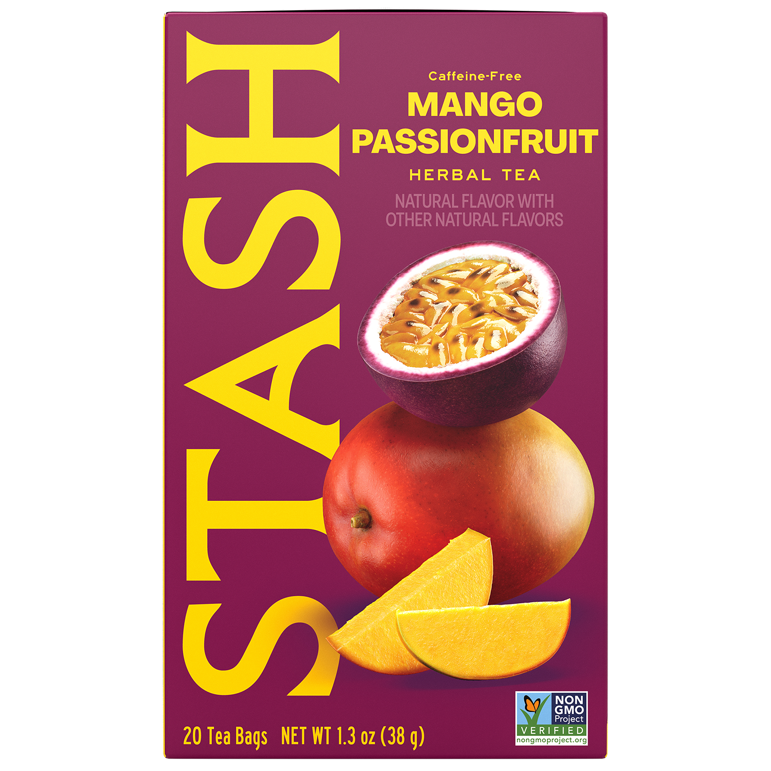 A box of Stash Caffe-Free Mango Passionfruit Herbal Tea. The packaging features a deep magenta background with large yellow 'STASH' branding, an illustration of a sliced passionfruit, a whole mango, and two mango slices.