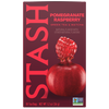 A box of Stash Pomegranate Raspberry green tea and matcha tea bags. The packaging is a deep burgundy color with large pink vertical 'STASH' lettering and a graphic of a red pomegranate with a raspberry on top.