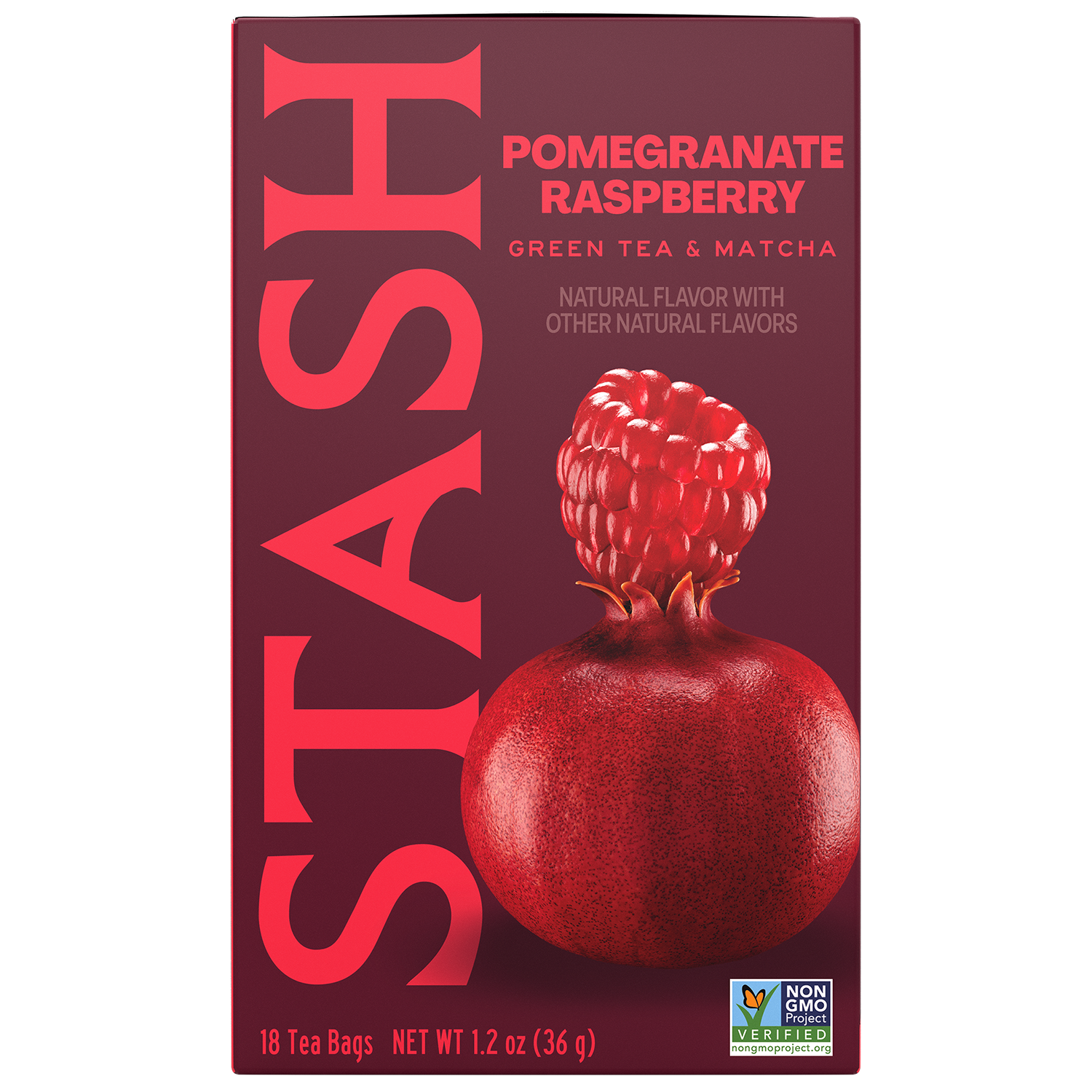 A box of Stash Pomegranate Raspberry green tea and matcha tea bags. The packaging is a deep burgundy color with large pink vertical 'STASH' lettering and a graphic of a red pomegranate with a raspberry on top.