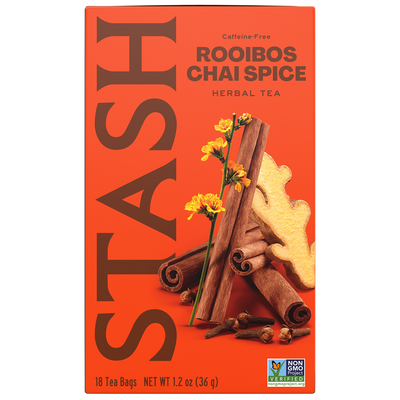 A box of Stash Rooibos Chai Spice herbal tea. The packaging is bright orange with large brown 'STASH' lettering, and an illustration of cinnamon sticks, ginger root, and yellow flowers.