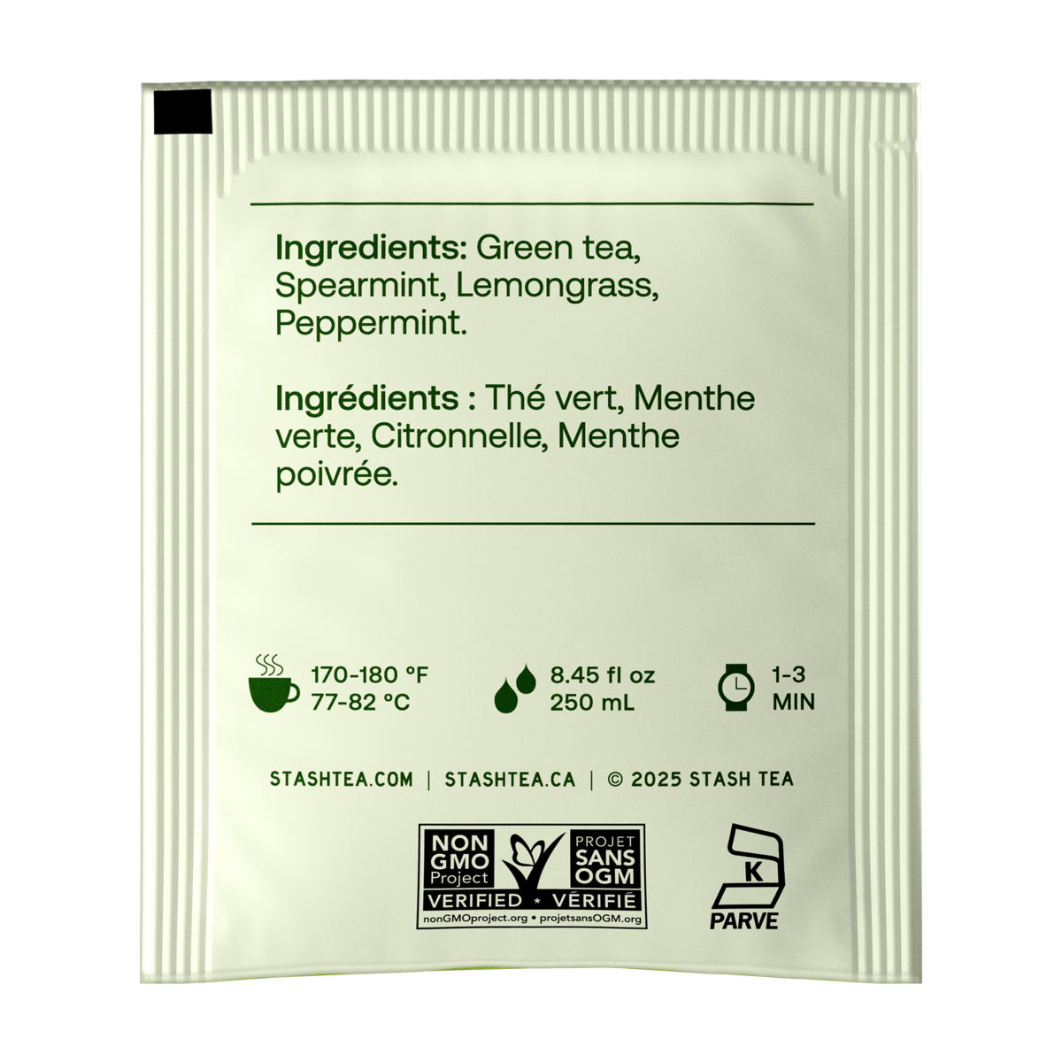 A single Stash Tea tea packet shown flat against a white background, displaying the back side with ingredients listed in English and French, brewing temperature and time, and certification logos.