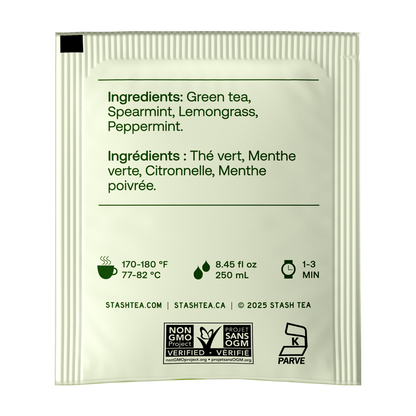 A single Stash Tea tea packet shown flat against a white background, displaying the back side with ingredients listed in English and French, brewing temperature and time, and certification logos.