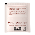 A single Stash Tea pouch shown against a plain white background, displaying the back side with ingredients listed in English and French, brewing temperature and time icons, and certification logos including Non-GMO and Parve.