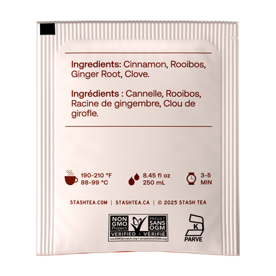 A single Stash Tea pouch shown against a plain white background, displaying the back side with ingredients listed in English and French, brewing temperature and time icons, and certification logos including Non-GMO and Parve.