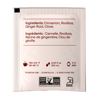 A single Stash Tea pouch shown against a plain white background, displaying the back side with ingredients listed in English and French, brewing temperature and time icons, and certification logos including Non-GMO and Parve.