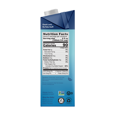 Nutrition facts label on a blue carton with white text