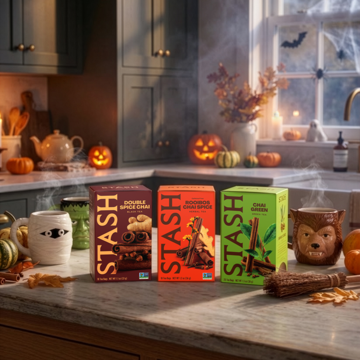 Three boxes of STASH tea displayed on a kitchen counter with Halloween decorations, including pumpkins, a witch hat mug, and a broom, in a cozy autumn kitchen setting.