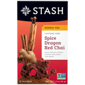 Stash Spice Dragon Red Chai tea package with dragon figurine on a red background